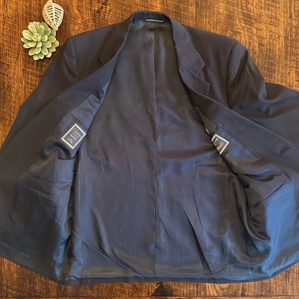 Christian Dior | Vintage Tonal Plaid Navy Blue Wool 2-pc Suit, Jacket Size 46R